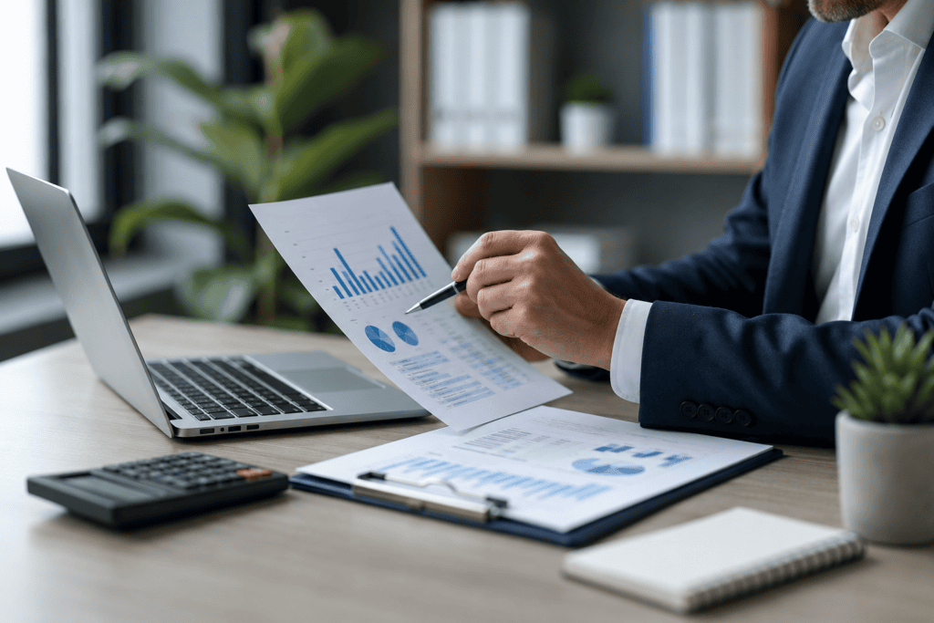Professional financial advisor reviewing cash flow forecasting reports and business performance dashboards with small business owners.