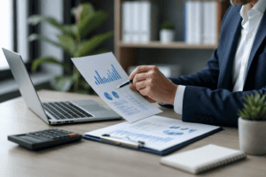 Professional financial advisor reviewing cash flow forecasting reports and business performance dashboards with small business owners.