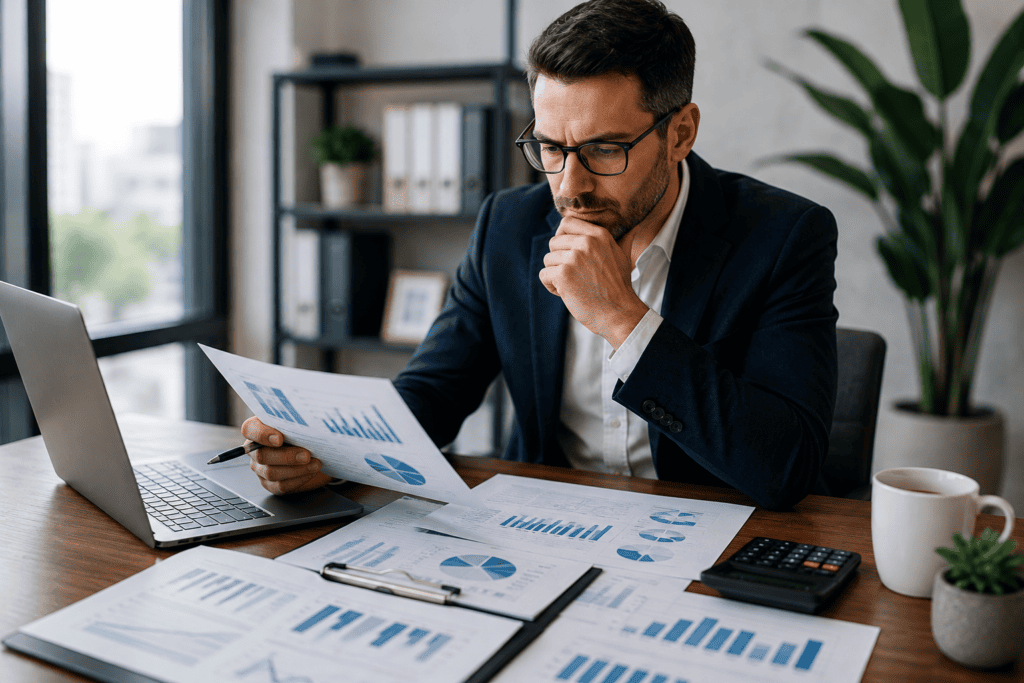 Business owner reviewing financial reports and charts to determine whether to hire a Fractional CFO.