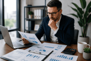 Business owner reviewing financial reports and charts to determine whether to hire a Fractional CFO.