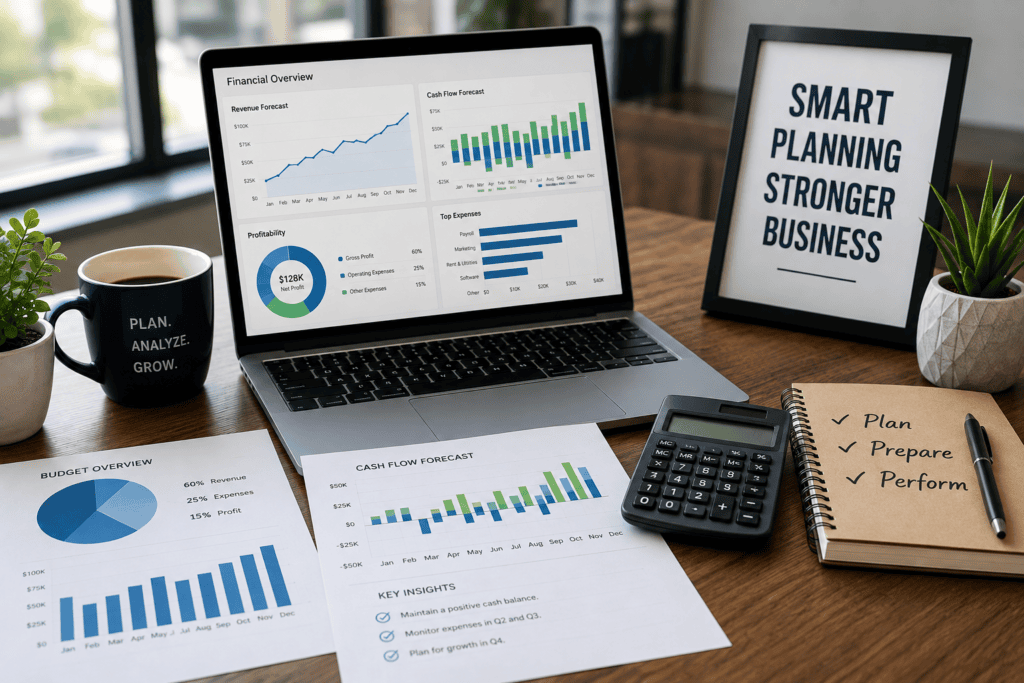 Outsourced financial planning dashboard showing cash flow forecasts, budgeting, profitability, and business financial data.