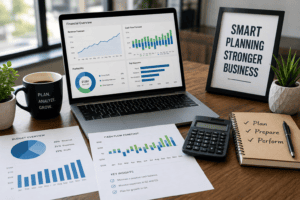 Outsourced financial planning dashboard showing cash flow forecasts, budgeting, profitability, and business financial data.