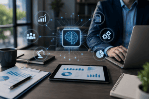 AI-powered business operations dashboard showing financial data, workflow automation, analytics, and business performance.