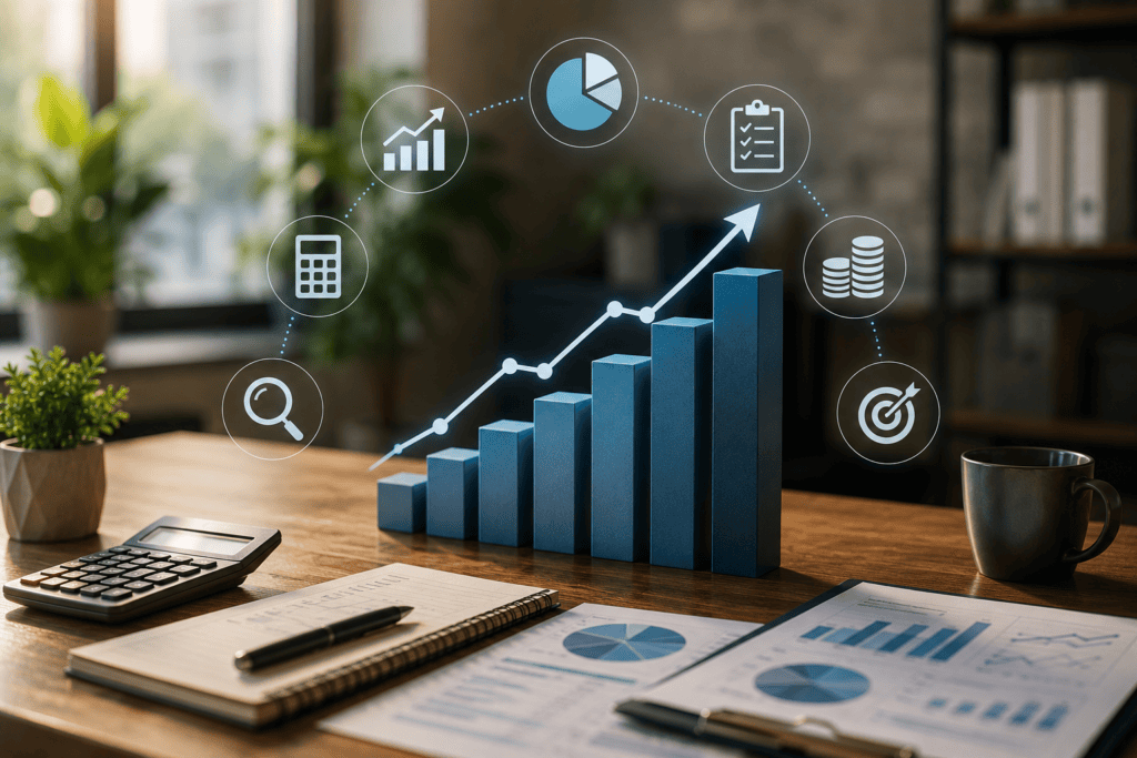 Financial KPI dashboard showing business growth, profitability, cash flow, and performance metrics.