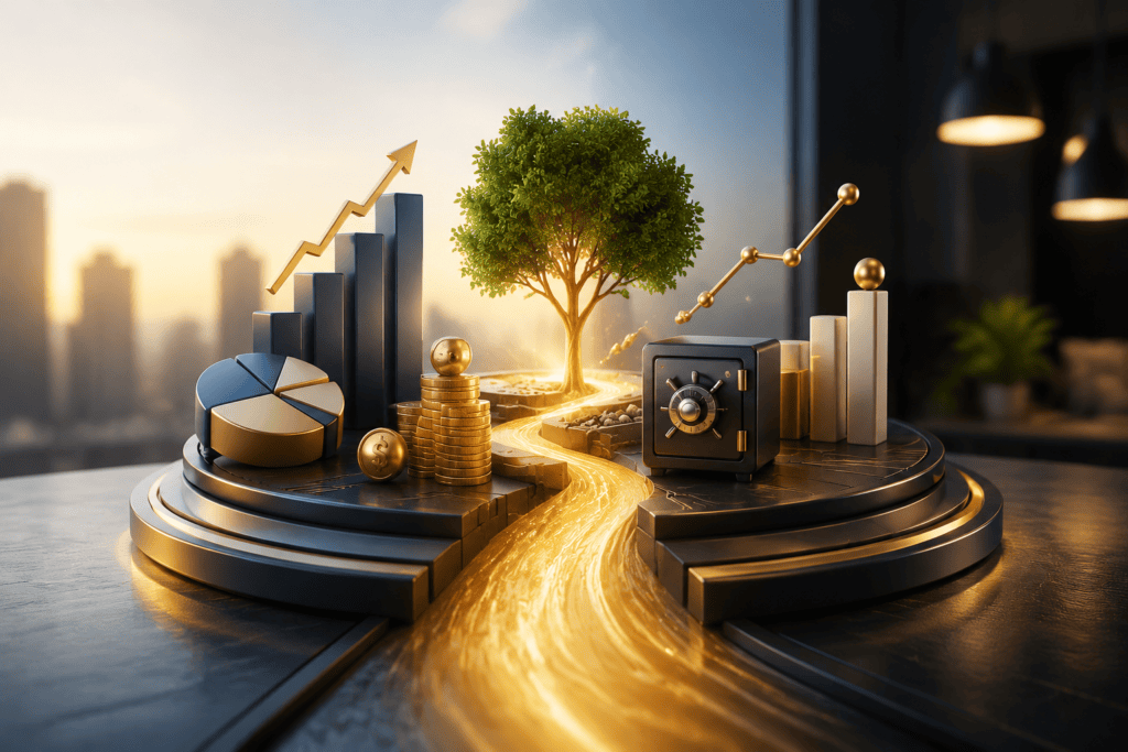 Small business cash flow management concept with financial charts, cash reserves, and growth indicators.