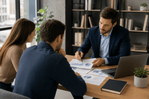 Professional business financial advisor reviewing financial reports and growth strategy with small business owners during a planning meeting.