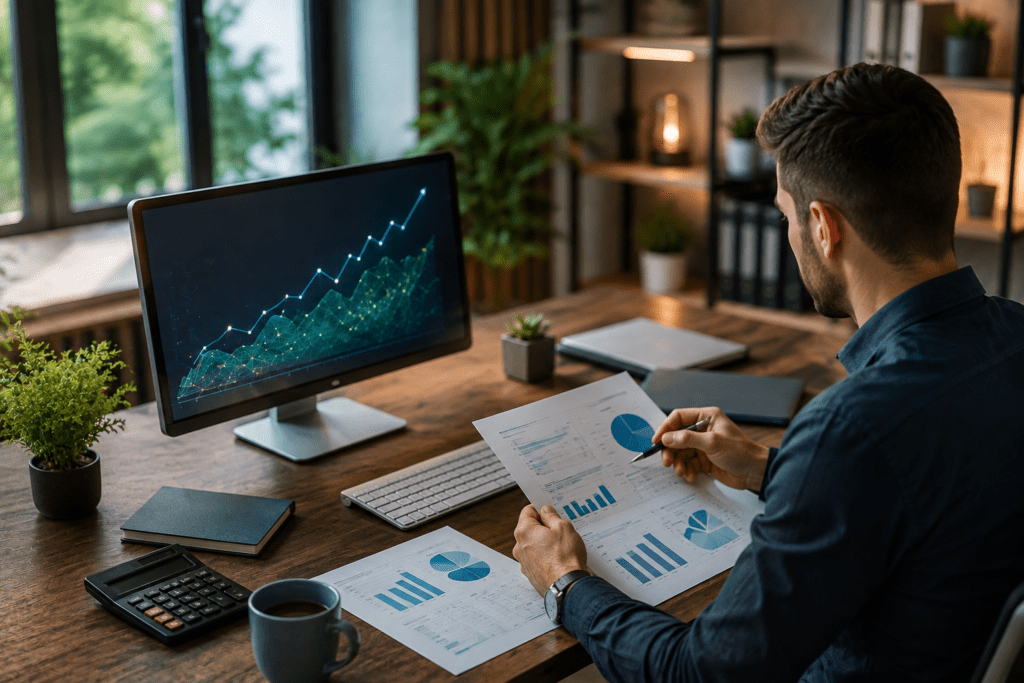 Small business owner reviewing accounts receivable reports and financial performance data