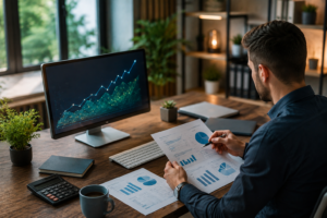Small business owner reviewing accounts receivable reports and financial performance data