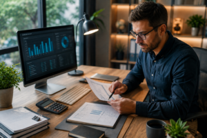 Small business owner reviewing accounts payable documents and financial data