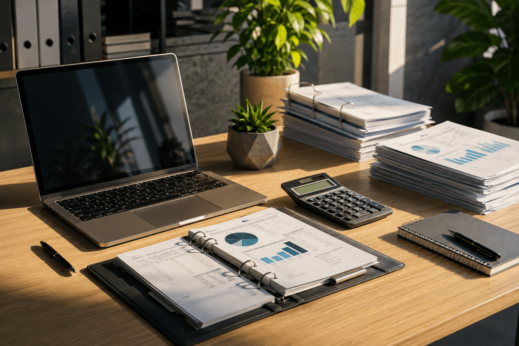 Organized financial documents and accounting records for small business tax preparation