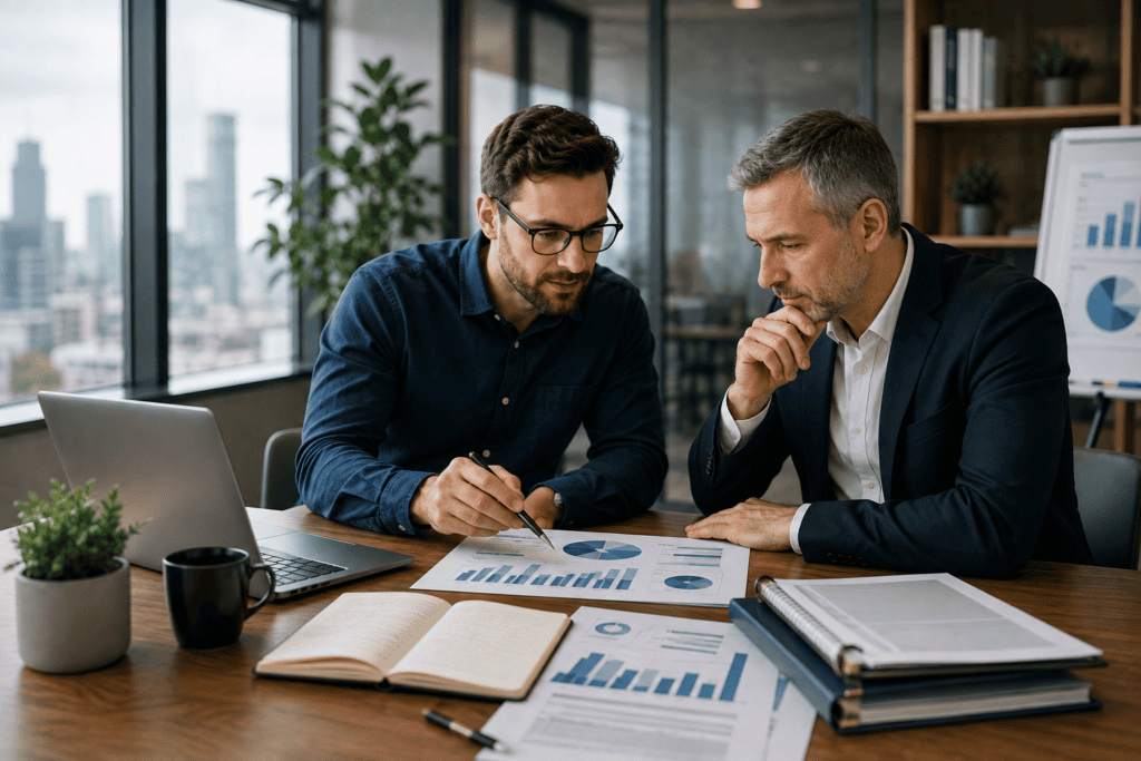 Startup founders discussing advisory shares, startup equity, and business growth strategy while reviewing financial documents and ownership planning in a modern office.