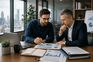 Startup founders discussing advisory shares, startup equity, and business growth strategy while reviewing financial documents and ownership planning in a modern office.