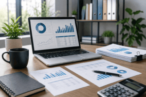 Startup founders reviewing bookkeeping records, financial statements, cash flow reports, and business performance dashboards in a modern office.