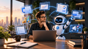 Small business owner using AI automation tools to save time and improve productivity